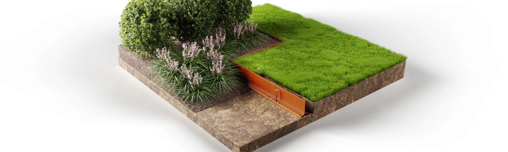 3D cross section of installed 100mm Straightcurve Zero-Flex garden edging (weathering finish)