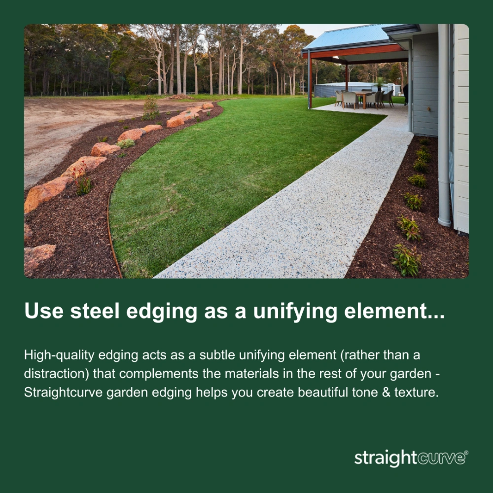 Weathering Steel edging acts as a unifying element in a beautiful garden design