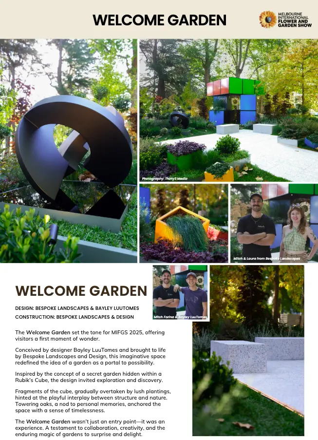 Welcome Garden at the Melbourne International Flower and Garden Show 2025 designed by Bespoke Landscapes and Bayley LuuTomes, featuring a Rubik's Cube inspired garden with sculptural cube fragments, lush green plantings, towering oaks, and a playful interplay of structure and nature