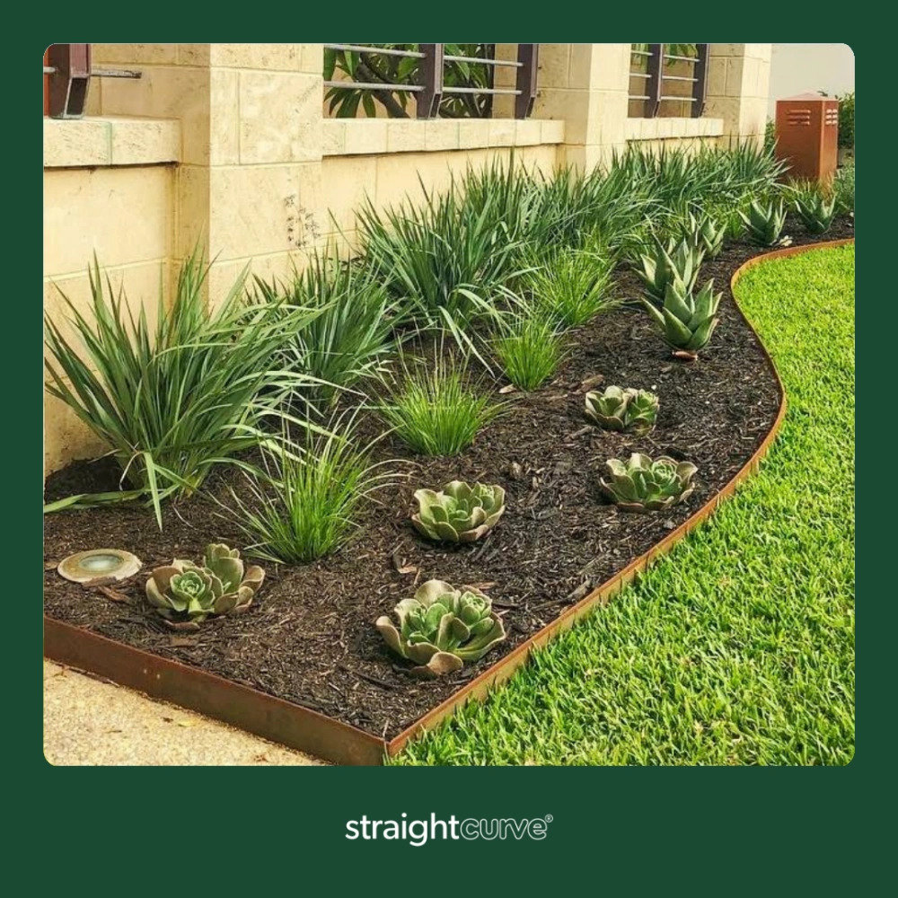 Flex garden bed border edging following a curved line, achievable DIY results with the right product and approach