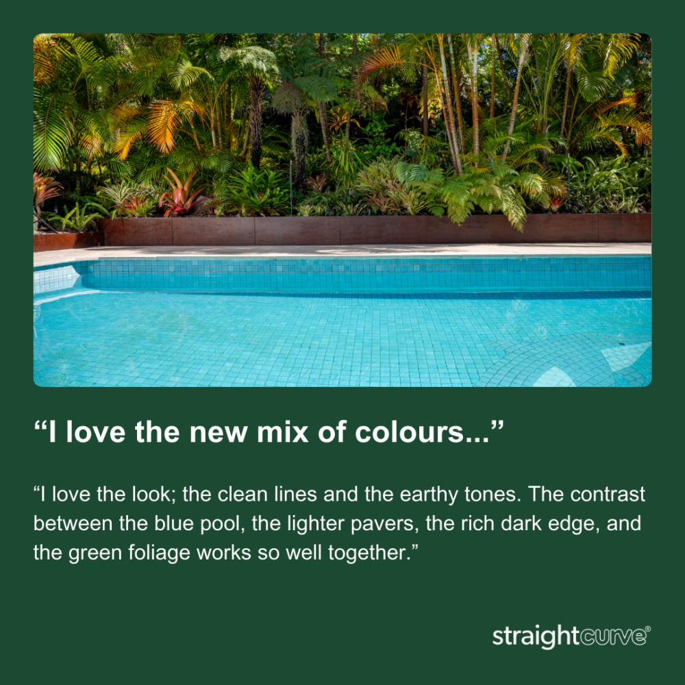 Pool landscaping after, weathering steel raised garden beds creating defined planting zones that frame the swimming pool beautifully