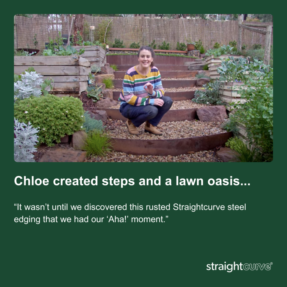 Steel garden edging used to define steps on a sloping garden, a practical solution that also creates strong visual structure
