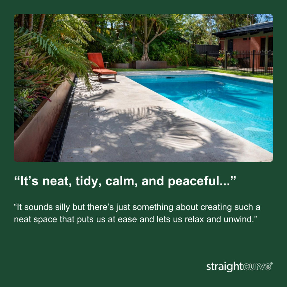 Steel raised garden beds integrated into a swimming pool garden design, showing the full scope of the transformation